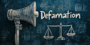 A blackboard filled with notes and diagrams outlining key concepts of defamation law in Thailand, illustrating the complexities and legal principles discussed in the blog.