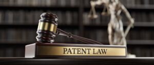 Article 4 A legal professional reviewing patent documents with a gavel and a scale of justice in the background, symbolizing Patent Law in Thailand.