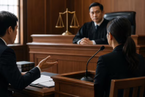 Article 2 Judge evaluating witness credibility during court proceedings while reviewing witness testimony and documentary evidence in a Thai courtroom.