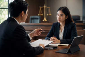 Article 7 Lawyer preparing a witness for court testimony during a witness preparation meeting before trial