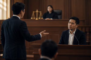 Article 6 Lawyer cross-examining a hostile witness during a courtroom trial in Thailand