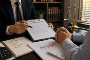 Article 5 Lawyer explaining guarantor rights to a client reviewing a guarantee agreement after a debtor defaults on a loan