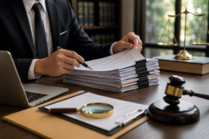 Article 4 Lawyer reviewing documentary evidence before a civil trial in Thailand while organizing legal documents for court disclosure