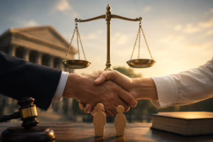 Article 8 The Principle of Good Faith under Section 5 of the Thai Civil and Commercial Code illustrated with legal scales, a judge's gavel, and law books representing fairness in Thai civil litigation.