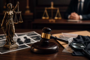 Article 7 Judge's gavel, scales of justice, and legal documents representing how Thai courts evaluate consent and evidence in rape cases under Thai criminal law.