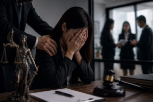 Article 6 Scales of justice, a judge's gavel, and legal documents representing sexual harassment laws and legal rights under Thai law in criminal and employment cases.