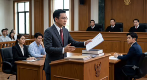 Article 2 Criminal defense lawyer reviewing legal documents and evidence while preparing a defense strategy for a criminal trial in Thailand