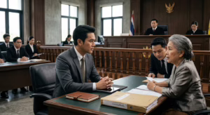 Article 3 Criminal defense lawyer reviewing case files and legal evidence while preparing a courtroom defense strategy in Thailand