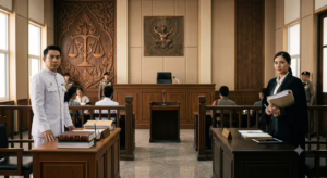Lawyer explaining the differences between public prosecution and private prosecution in a Thai criminal case, with legal documents and a courtroom setting.