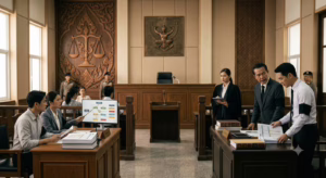 Criminal defence lawyer reviewing financial records and investment documents in a public fraud and pyramid scheme case under Thai law.