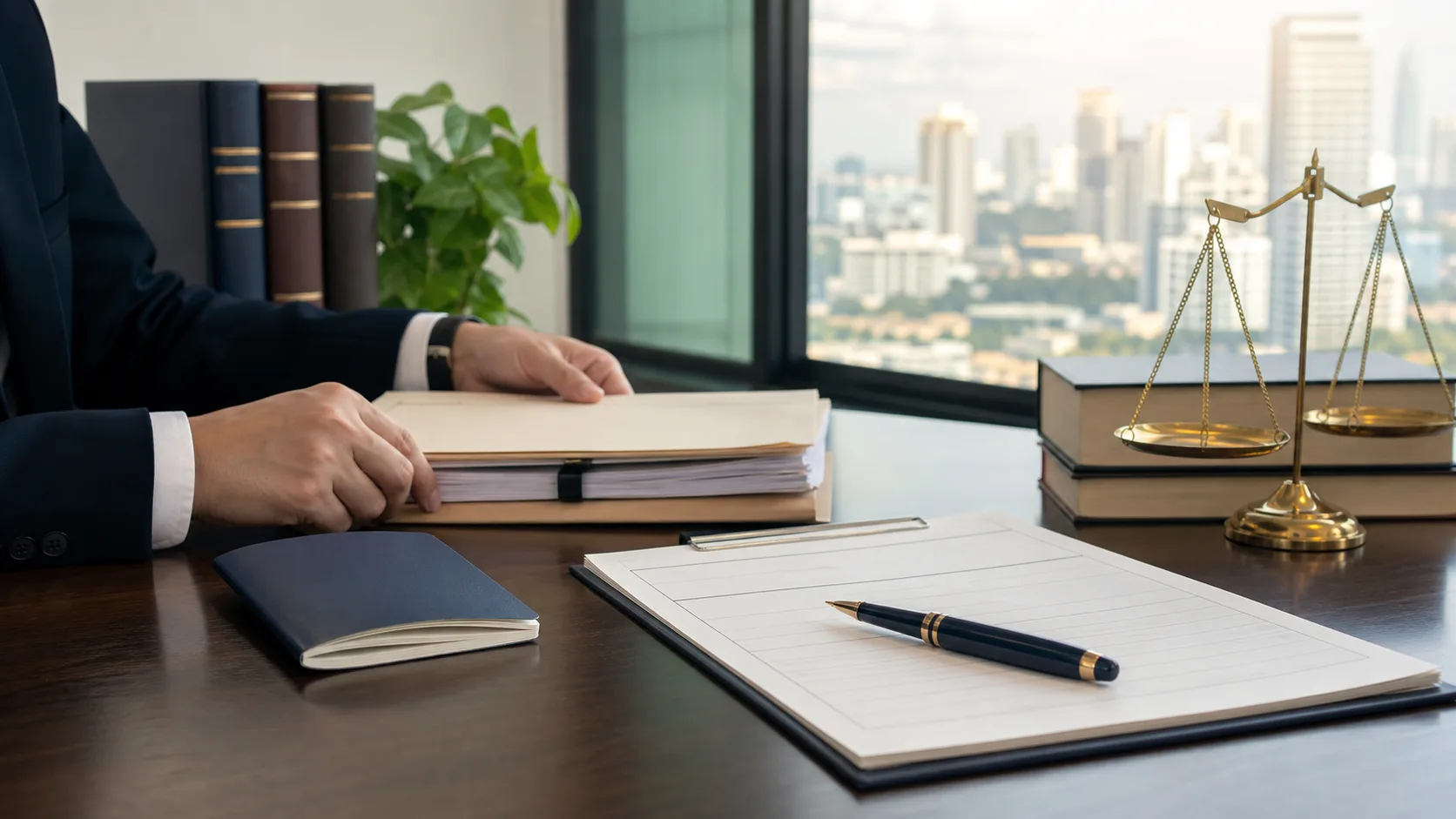 Legal documents and passport prepared for a court case visa extension in Thailand