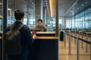 Traveller presenting a passport at a Thai airport immigration checkpoint