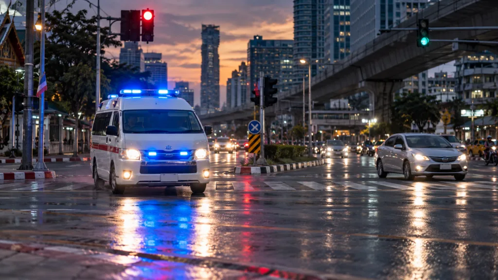 Can an Ambulance Run a Red Light in Thailand? Who Is Liable After a Crash? 1 Emergency ambulance carefully entering a Bangkok intersection against a red light while cross traffic has a green signal