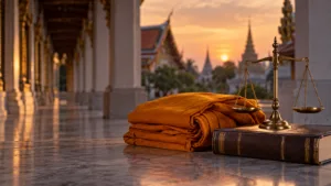 Buddhist monk sexual misconduct in Thailand illustrated by saffron robes, a legal code and scales of justice