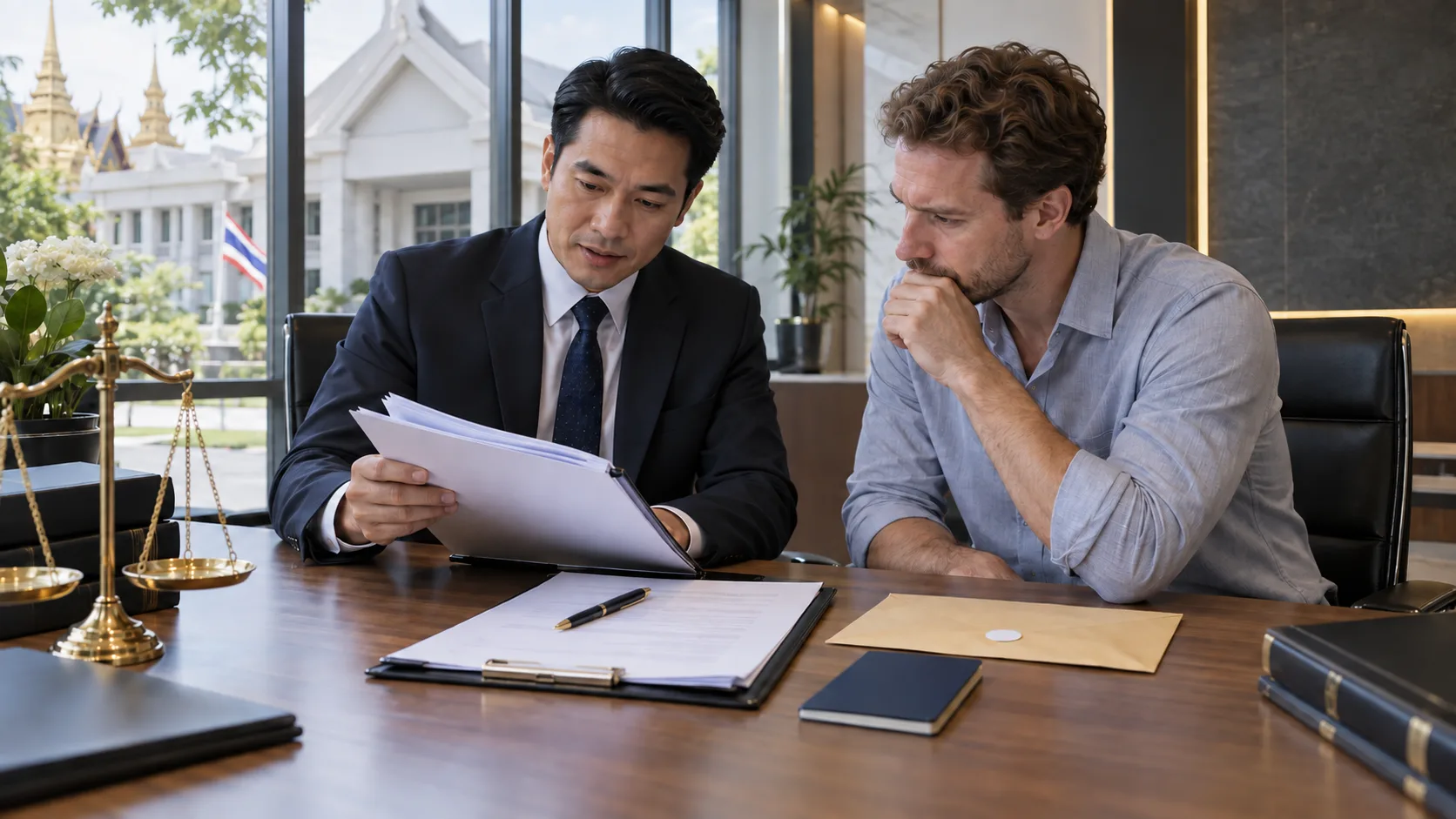 Thai lawyer preparing a court bail application with a foreign client in Thailand