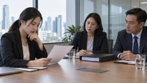 Thai employee reviewing a resignation letter while an employer presents an investigation file during a tense workplace meeting