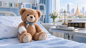Hospital negligence in Thailand illustrated by a bandaged teddy bear, medical equipment and scales of justice