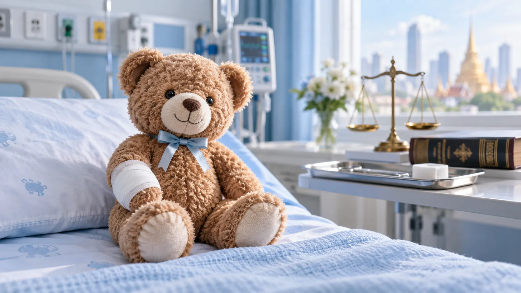 Hospital negligence in Thailand illustrated by a bandaged teddy bear, medical equipment and scales of justice