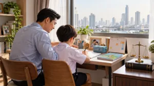Parental power for fathers in Thailand illustrated by a father helping his child study beside scales of justice