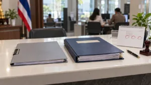 Thai police station desk comparing a daily record folder with a formal criminal complaint file