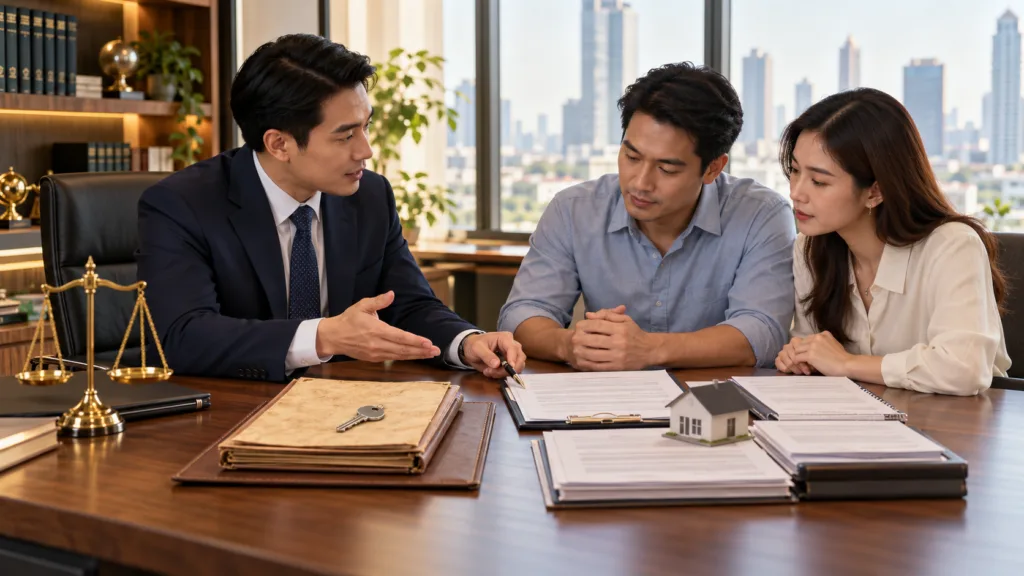 Separate Property vs Marital Property in Thailand: Who Owns What Before and After Marriage? 1 Thai married couple reviewing separate and marital property documents with a family lawyer