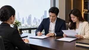 Married couple reviewing separate loan and spousal consent documents with a Thai legal adviser