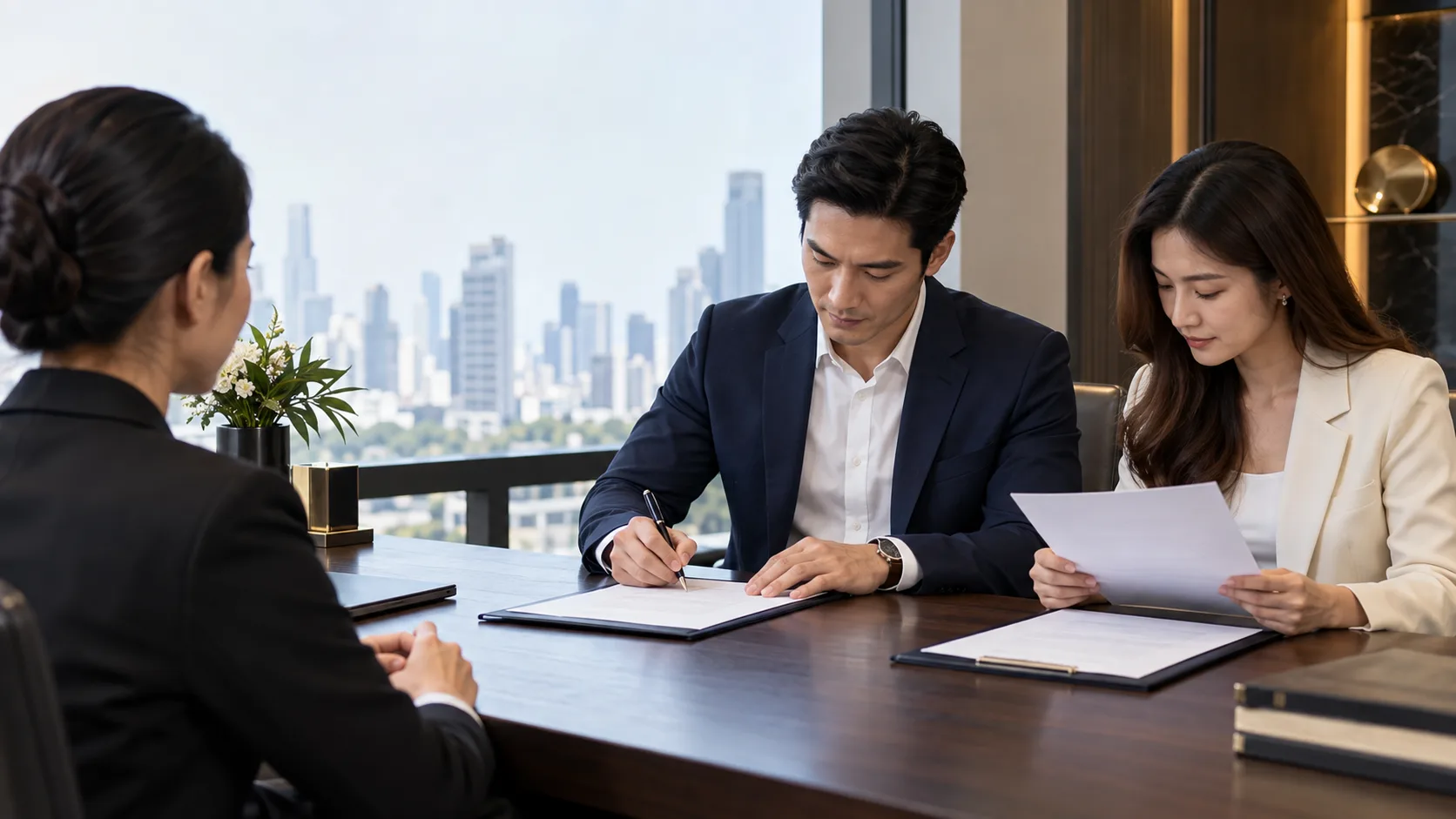 Married couple reviewing separate loan and spousal consent documents with a Thai legal adviser