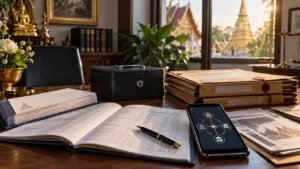 Temple accounting records, evidence folders and bank transfer diagram illustrating an investigation into alleged temple fund misappropriation in Thailand