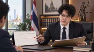 Barrister Garn reviewing Thailand’s 84-day criminal remand timeline in a professional legal setting