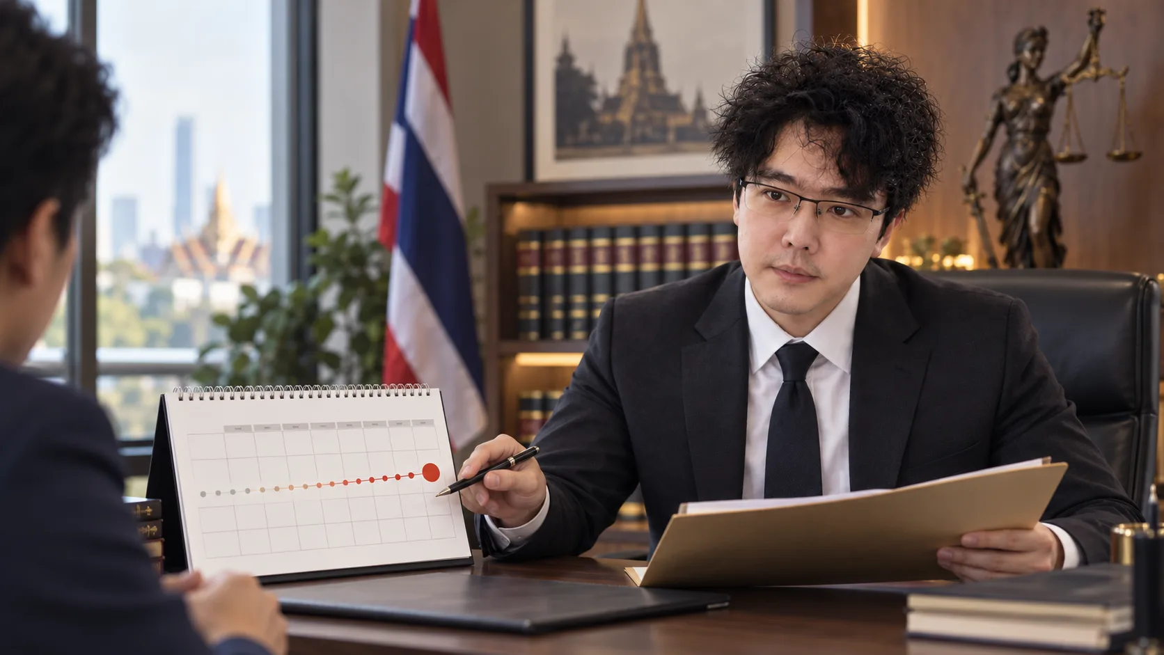Barrister Garn reviewing Thailand’s 84-day criminal remand timeline in a professional legal setting