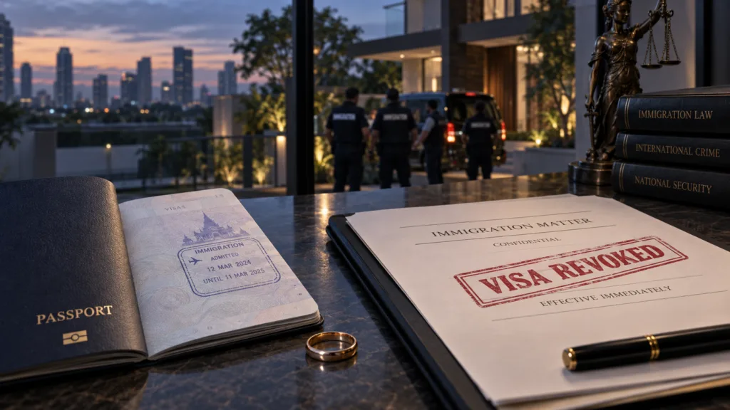 Passport, wedding ring and visa revocation file illustrating Thailand marriage visa revocation law