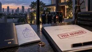 Passport, wedding ring and visa revocation file illustrating Thailand marriage visa revocation law