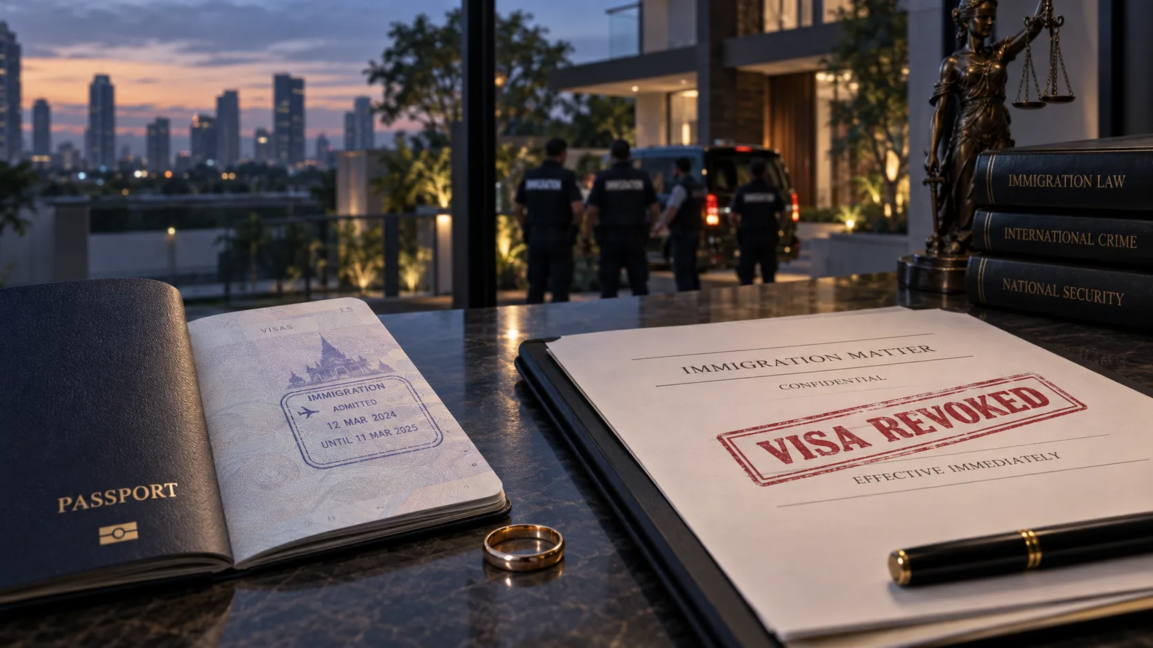 Passport, wedding ring and visa revocation file illustrating Thailand marriage visa revocation law