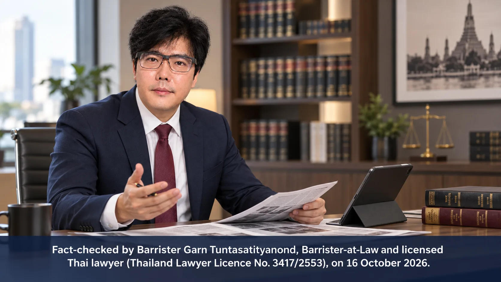Barrister Garn explaining fair comment and defamation risks in Thailand with a fact-check verification caption