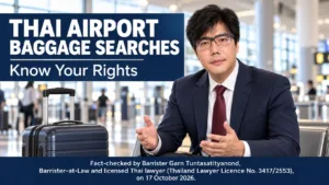 Illustration of Barrister Garn Tuntasatityanond in black glasses explaining Thai airport checked-baggage search rights beside a suitcase.