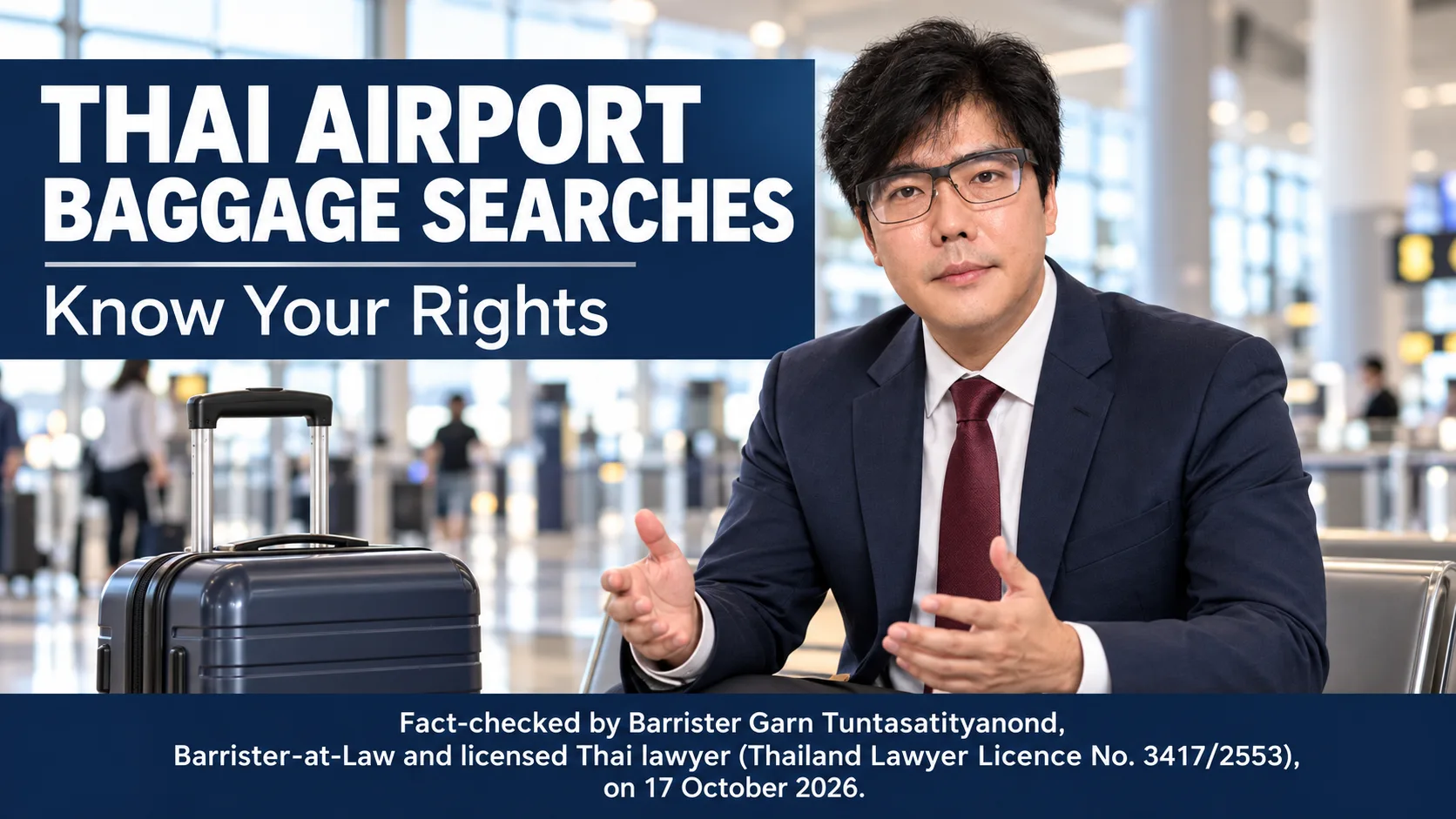 Illustration of Barrister Garn Tuntasatityanond in black glasses explaining Thai airport checked-baggage search rights beside a suitcase.