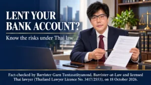 Law Firm in Bangkok | Lawyer in Bangkok | Siam Center Law Group 77 Barrister Garn explains the legal risks of lending a Thai bank account; AI-generated editorial illustration with fact-check credentials dated 18 October 2026.