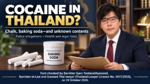 Law Firm in Bangkok | Lawyer in Bangkok | Siam Center Law Group 77 Barrister Garn explains cocaine adulteration risks in Thailand beside an illustrative display of chalk and baking soda, with fact-check credentials dated 19 October 2026.