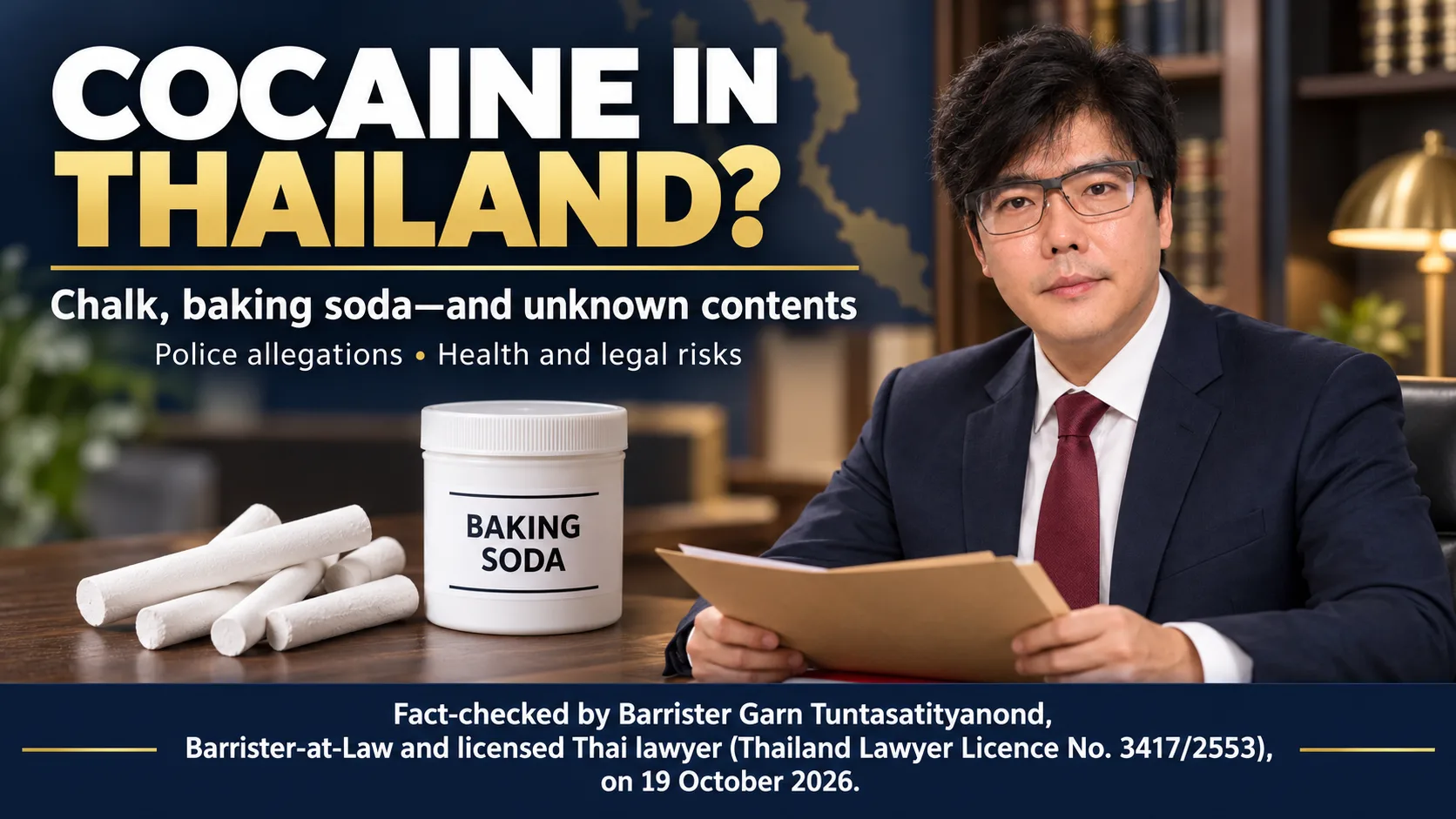 Barrister Garn explains cocaine adulteration risks in Thailand beside an illustrative display of chalk and baking soda, with fact-check credentials dated 19 October 2026.
