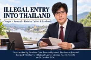 Barrister Garn Tuntasatityanond reviewing travel documents in an editorial illustration about illegal entry into Thailand, with fact-check credentials dated 20 October 2026.