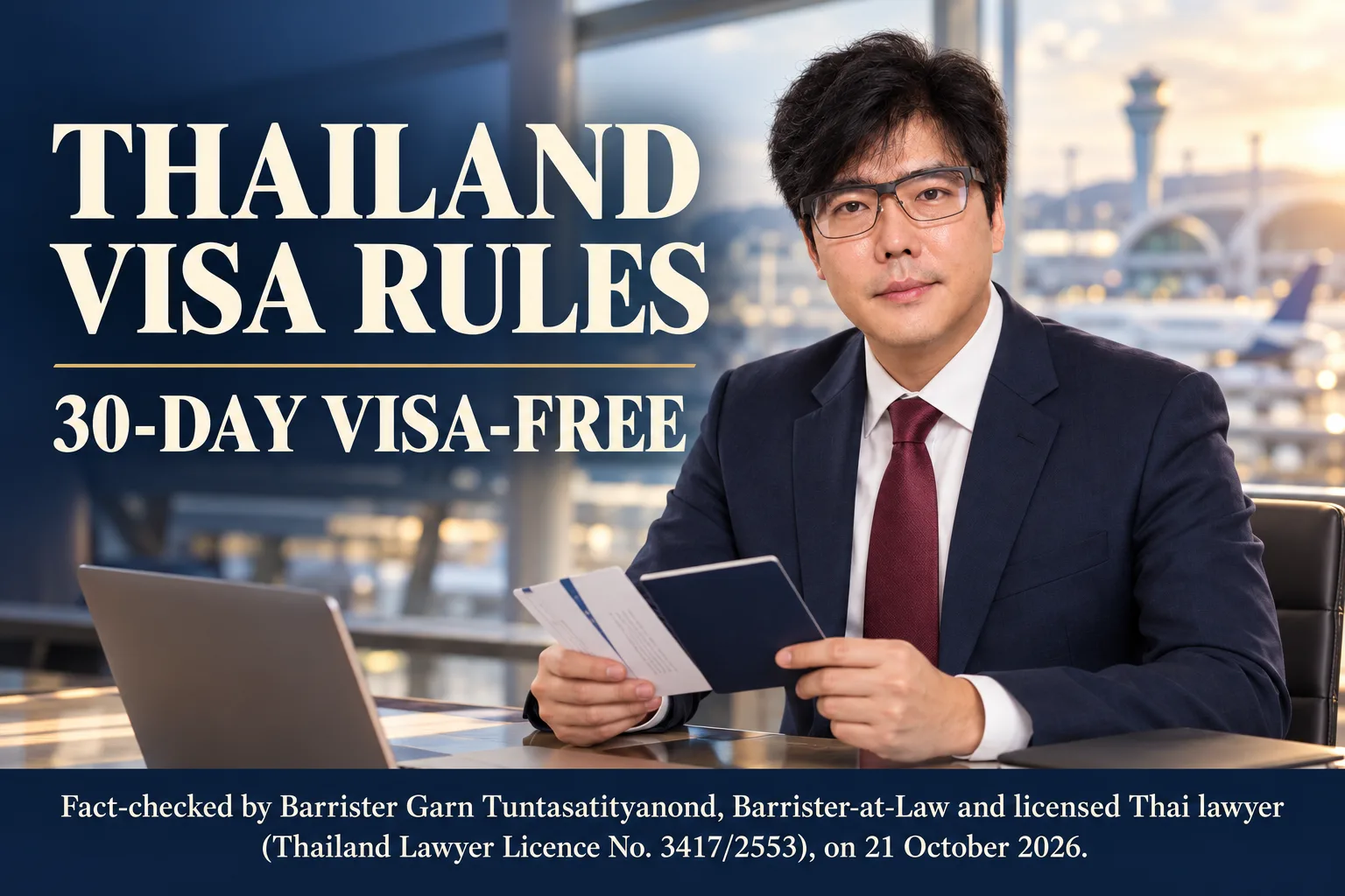 Barrister Garn Tuntasatityanond reviewing travel documents in an AI-generated editorial image about Thailand’s 30-day visa-free rules, with fact-check credentials dated 21 October 2026.