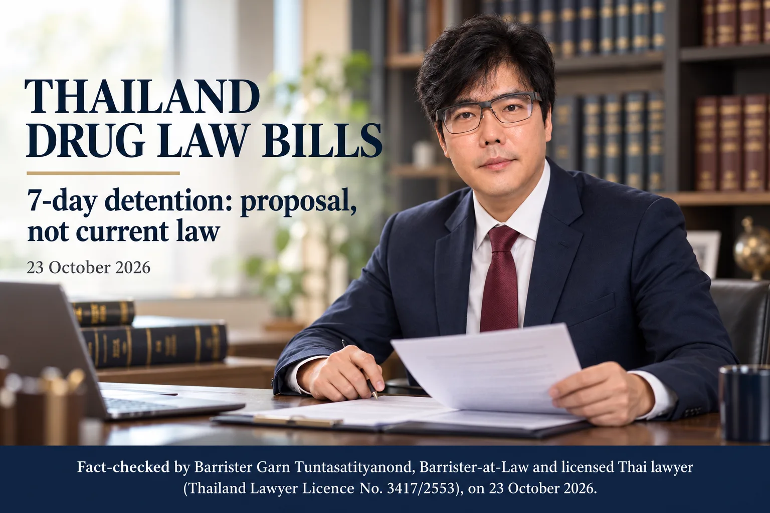 Barrister Garn Tuntasatityanond reviewing Thailand’s proposed 2026 narcotics bills; seven-day detention is a proposal, not current law as of 23 October 2026.