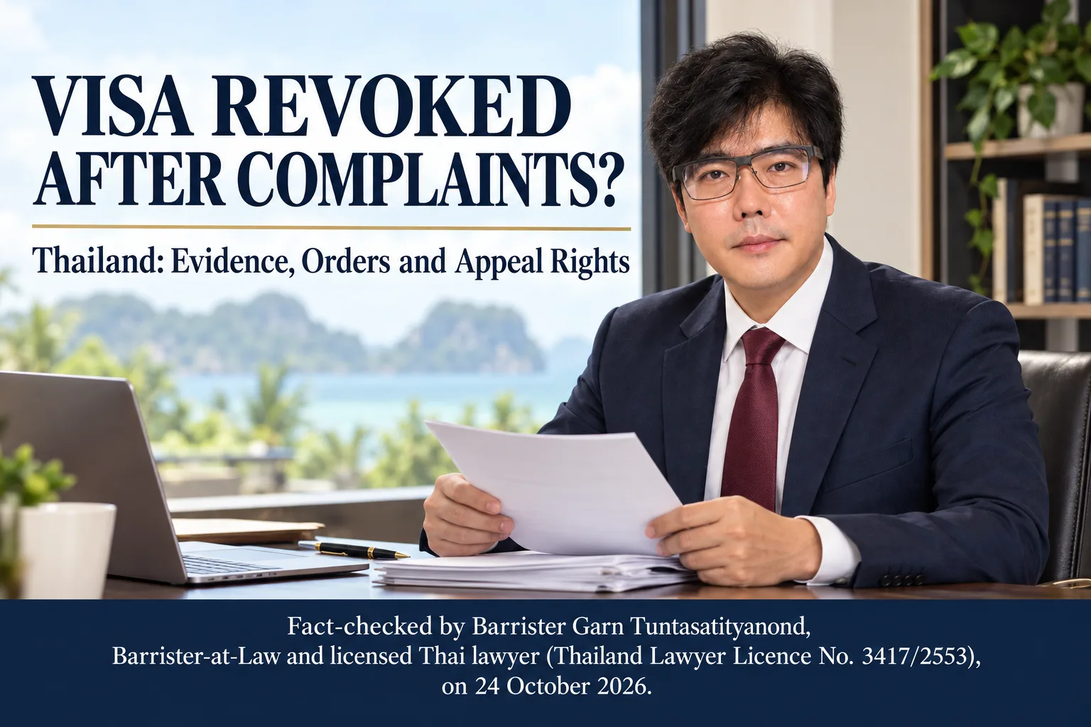 Illustrative portrait of Barrister Garn Tuntasatityanond reviewing documents for an article on visa revocation in Thailand, with a fact-check statement dated 24 October 2026.