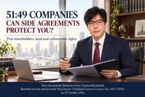 Barrister Garn Tuntasatityanond reviewing shareholder agreements for a Thai 51:49 company, with a fact-check statement dated 25 October 2026.