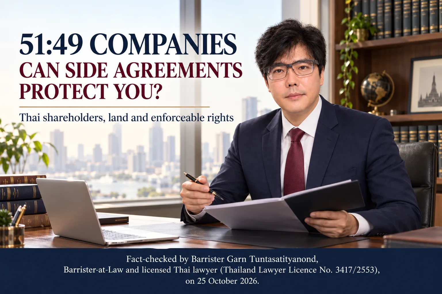 Barrister Garn Tuntasatityanond reviewing shareholder agreements for a Thai 51:49 company, with a fact-check statement dated 25 October 2026.