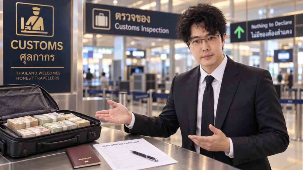 Garn Tuntasatityanond advising a traveller about Thailand cash declaration rules at an airport customs counter