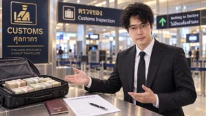 Garn Tuntasatityanond advising a traveller about Thailand cash declaration rules at an airport customs counter