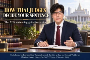 Law Firm in Bangkok | Lawyer in Bangkok | Siam Center Law Group 77 Barrister Garn Tuntasatityanond explaining Thai sentencing guidelines in an illustrative legal-office scene, with a fact-check statement dated 27 October 2026.