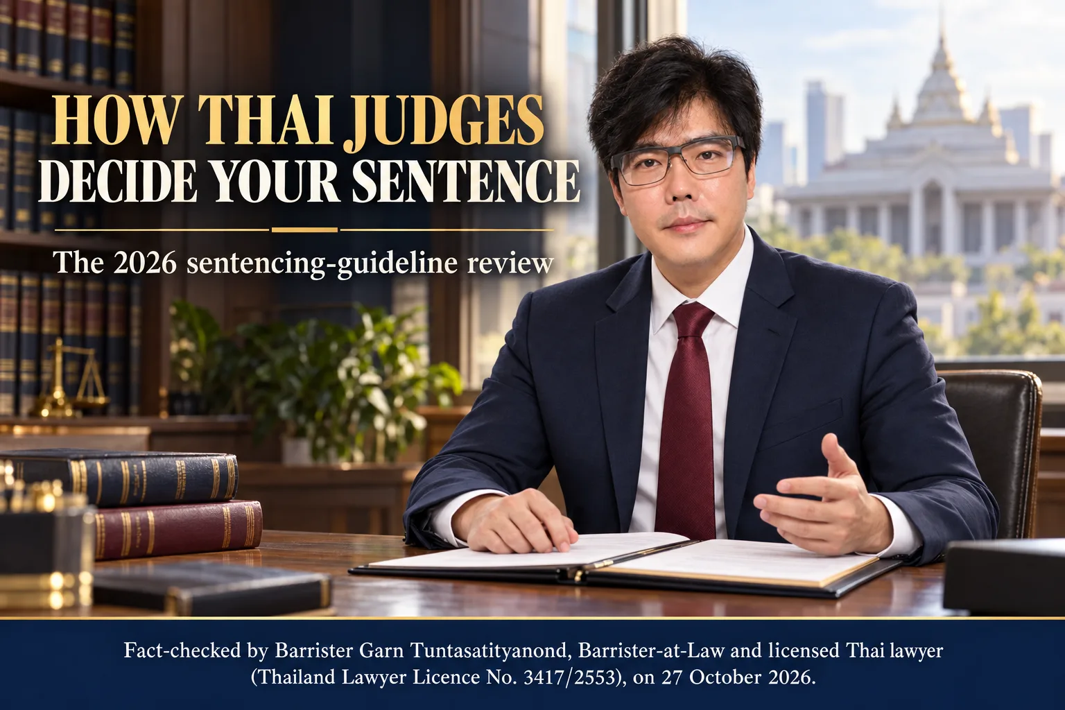 Barrister Garn Tuntasatityanond explaining Thai sentencing guidelines in an illustrative legal-office scene, with a fact-check statement dated 27 October 2026.