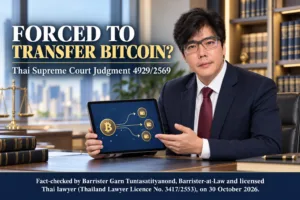 Barrister Garn Tuntasatityanond explaining a forced Bitcoin transfer in an illustrative law-office scene, with fact-check credentials dated 30 October 2026.
